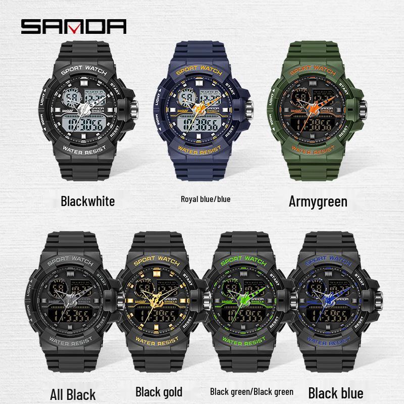 SANDA Men's Outdoor Sports Luminous Waterproof Dual Display Multifunctional Electronic Watch