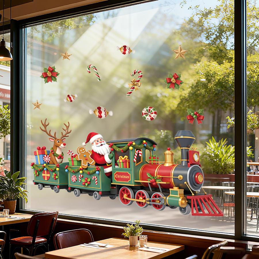 Large Removable Christmas Train Window Clings with Santa, Reindeer & Candy Cane Decorations PVC Stickers Holiday Party Decals