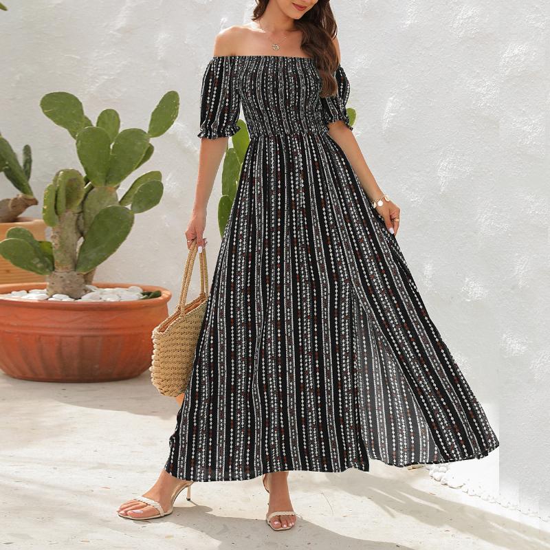 

GMXIA Весна-лето Вертикальные полосатые платья с разрезом на талии Одно плечо Короткий рукав Повседневные праздничные платья XXL чёрный