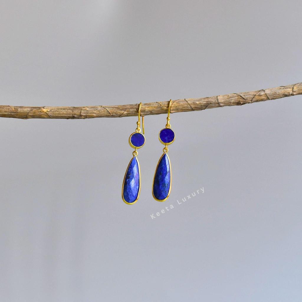 Natural Lapis Lazuli Dangler, 14K Gold Vermeil Handmade Jewelry, Blue Gemstone Bohemian Earrings for Women, Unique Wedding Bridal Gift Ideas