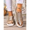 2025 Summer New Arrival Plus Size Sequined Front Lace-Up Solid Color Oversized Sneakers