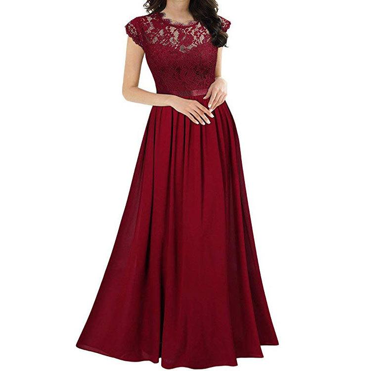 Elegant Floral Lace Chiffon Long Dress, Formal Evening Gown with Shoulder Sleeves for Women, Vintage Long Dress for Wedding Bridesmaids and Dances