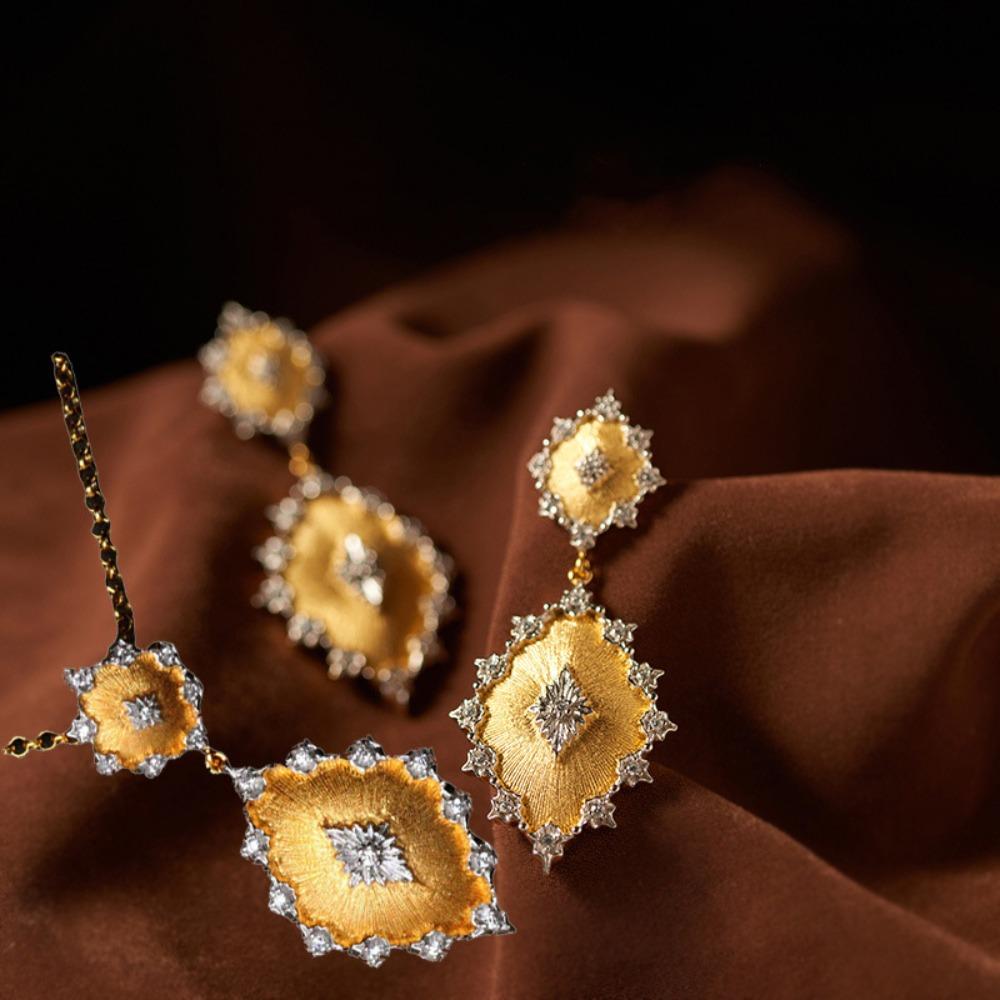 

Женский Набор Украшений Итальянское Золото Подвеска Серьги Винтажные Резные Кружево Двухцветный