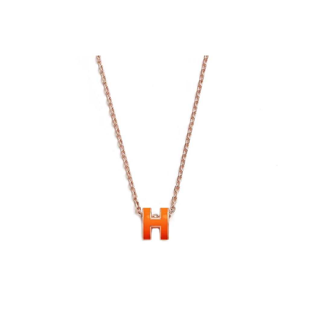 Hermes Mini Pop H Pendant Vibrant Orange Gold Plated Necklace Women Necklace Rose-Gold H147992FO02