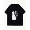 Oversized T Shirt Black Cat And Wolf Graphic Print With KIT Strange Text Casual Streetwear For Women