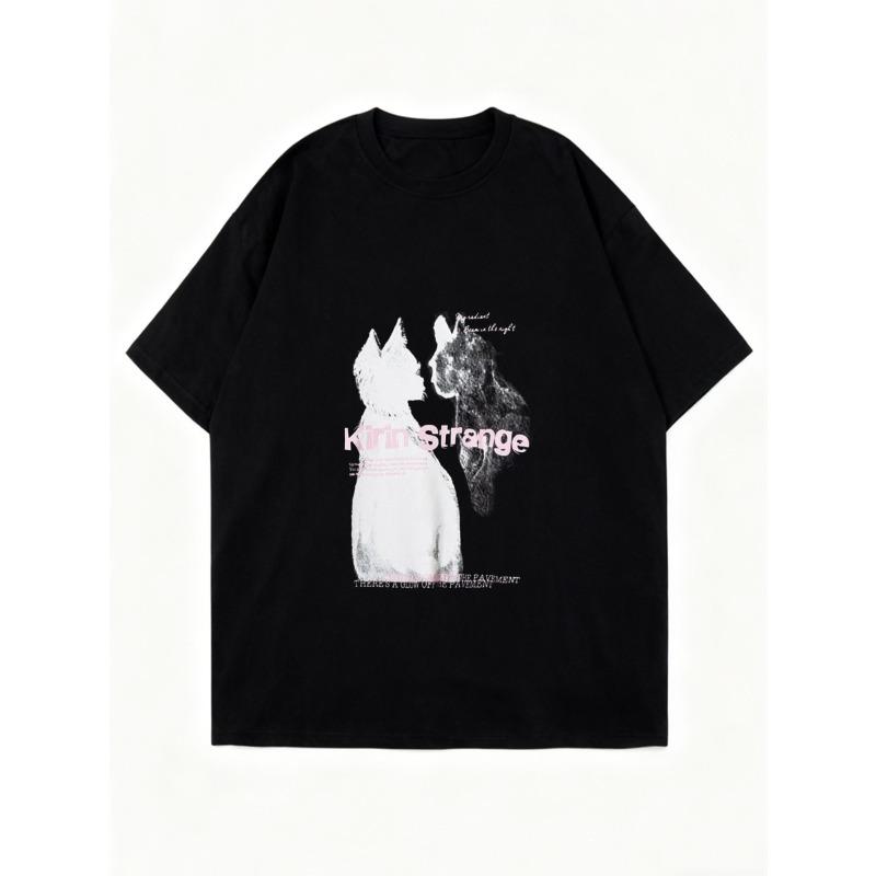 Oversized T Shirt Black Cat And Wolf Graphic Print With KIT Strange Text Casual Streetwear For Women