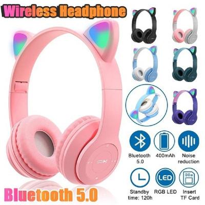 P47M LED Light Cute Cat Ears Wireless Headphones With Mic Kid Girl Stereo Music Helmet Phone Bluetooth-compatible Headset