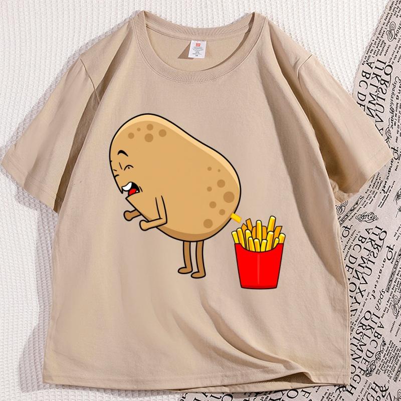 Funny Potato Fries Cartoon T Shirt Kawaii Food Humor Tshirt for Men Women Casual Loose Printed Tshirt Short Sleeve Clothes