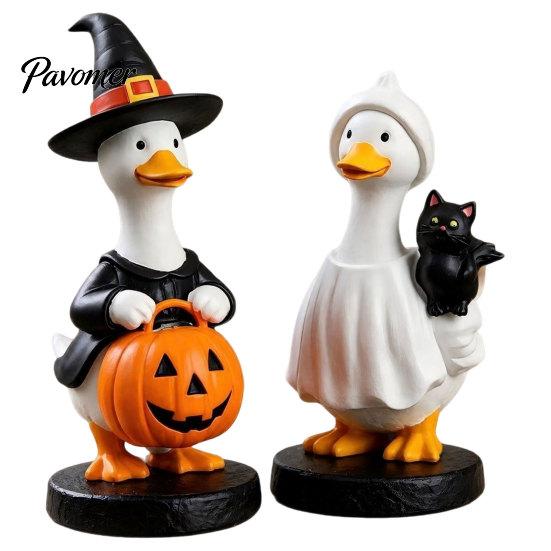 Windowsill Resin Statue Halloween Goose Figurine, Witch Hat Ornament, Cute Living Room Decor Ghost for Tabletop Mantel Shelf Holiday Decoration