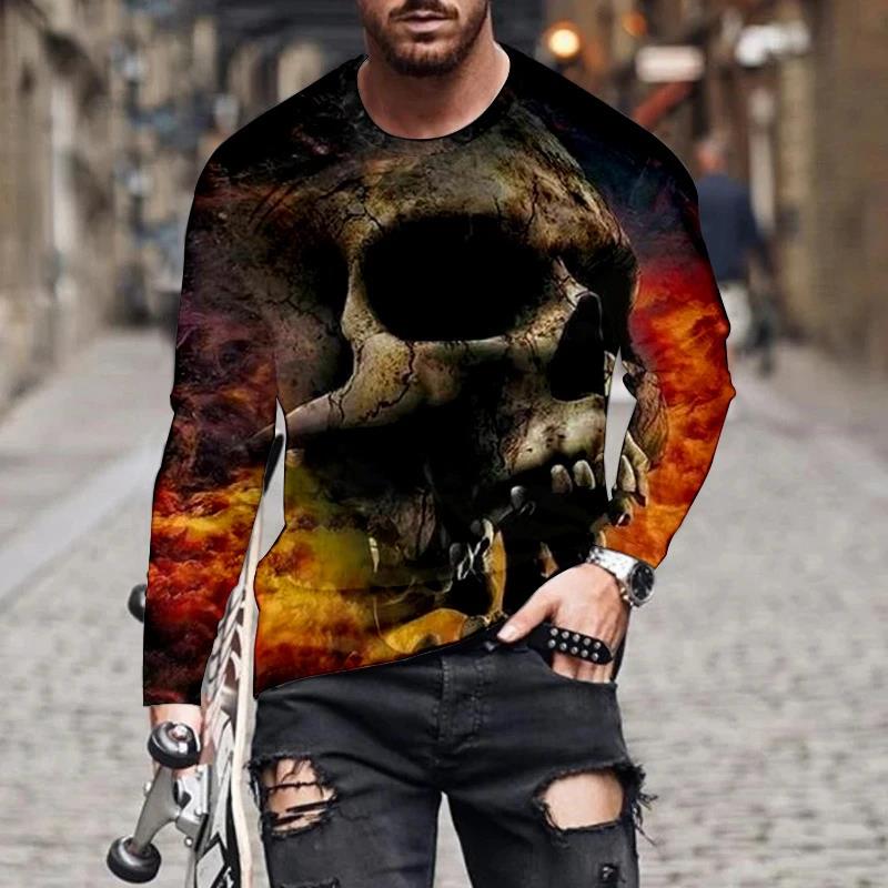 Fashion 3D Skull Print Long Sleeve T-shirts Hip Hop Trend Harajuku Men's T Shirt Casual O-neck Loose Tops Vintage Clothes