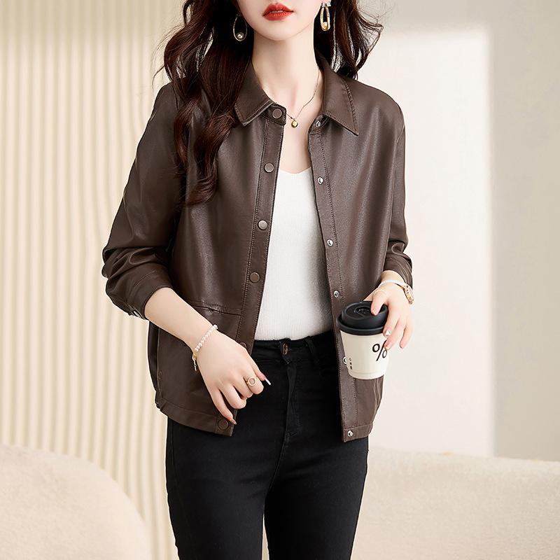 Fashionable and Versatile Genuine Leather Jacket for Women Short Spring and Autumn Sheepskin Motorcycle Lapel Leather Jacket for Women