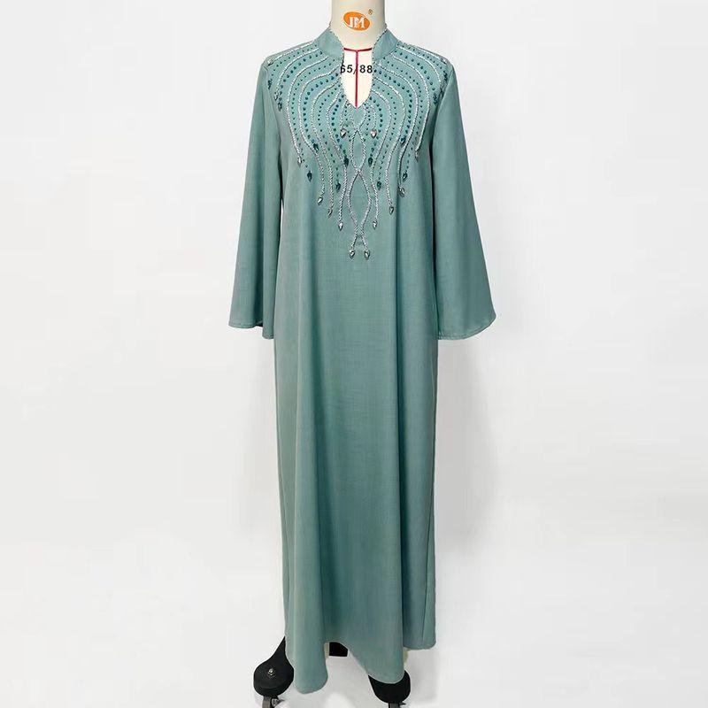 

New Arrival 2023 Ethnic Style Fashion Female Dress Hand-Stitched Drill Dress Handmade Beaded Dress Teal blue M
