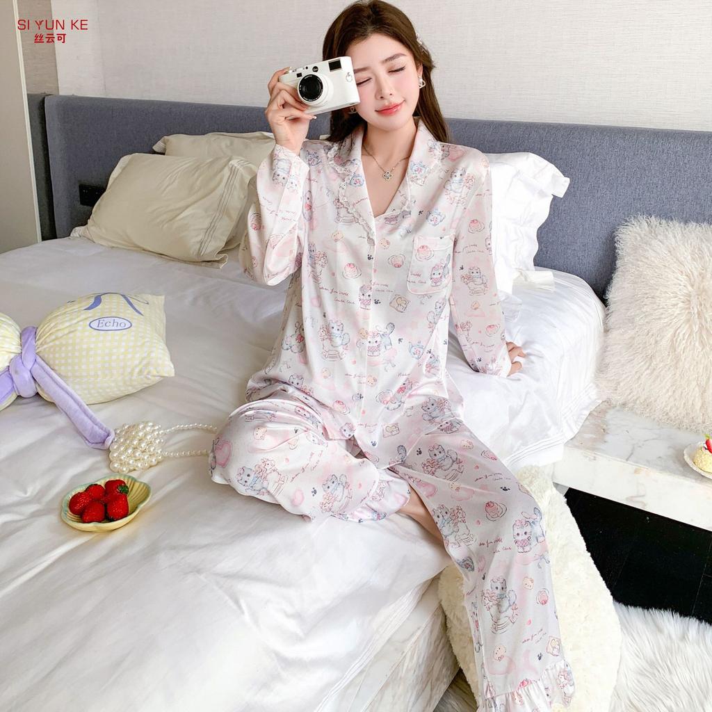 New ice silk pajamas women's spring and autumn long-sleeved trousers cute cartoon cat print loungewear can be worn outside Internet celebrities