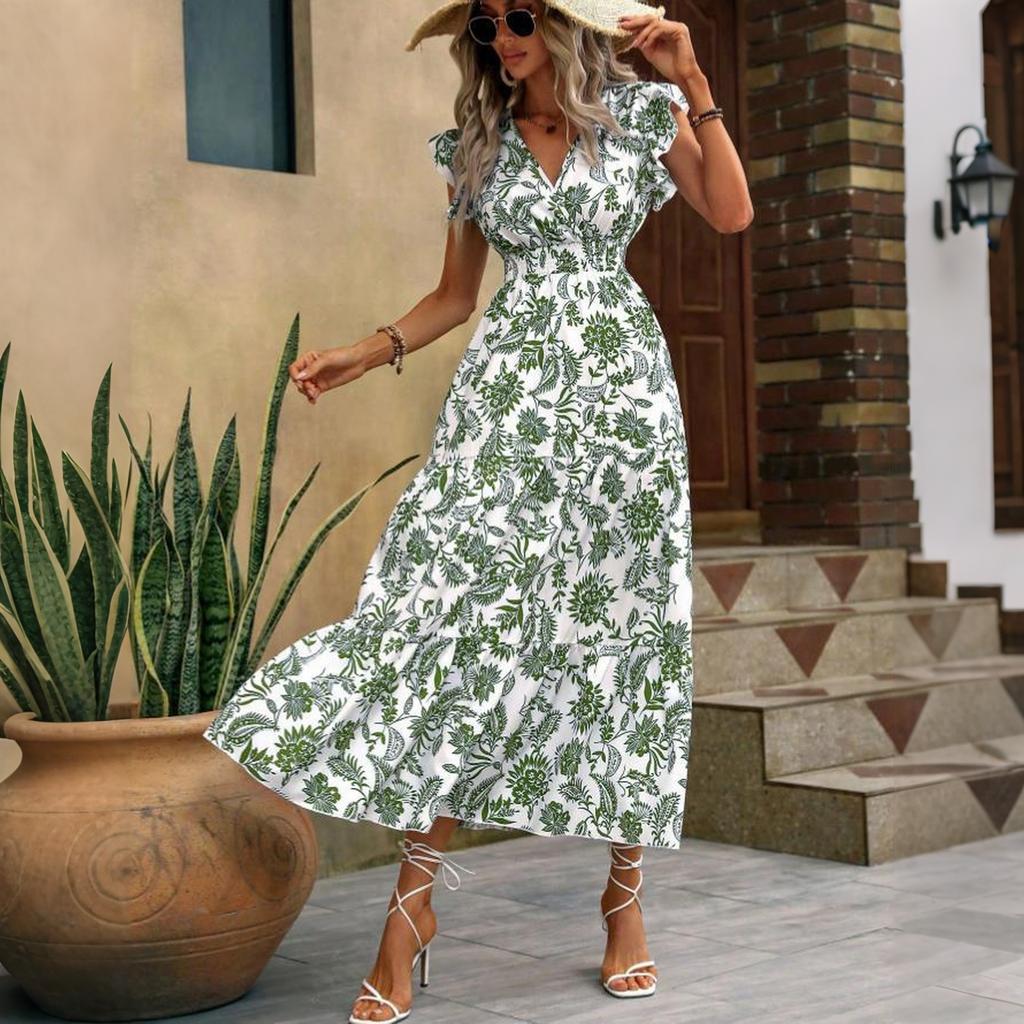 Bohemian Style Women's Summer V Neck Waist Cinched Floral Print Maxi Dress with Short Sleeves and Ruffled Hem for Casual Wear