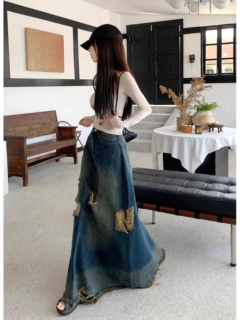 American Retro Plus Size Ripped Denim Midi Skirt for Women - High Waist, Slimming, Niche Design