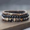 Handmade 3Pcs Men Bracelet Set Natural Coconut Husk Beads Braslet Lava Tiger Eyes Hematite Stone Wrap Braclet Meditation Pulsera