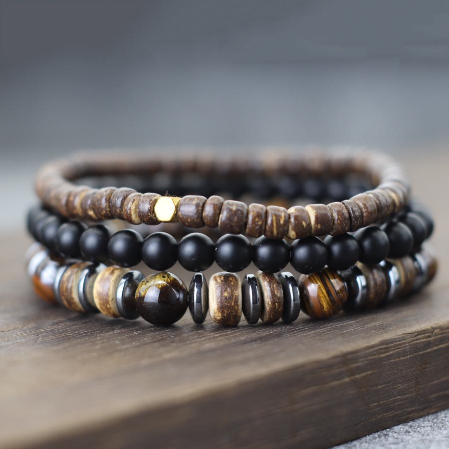 Handmade 3Pcs Men Bracelet Set Natural Coconut Husk Beads Braslet Lava Tiger Eyes Hematite Stone Wrap Braclet Meditation Pulsera