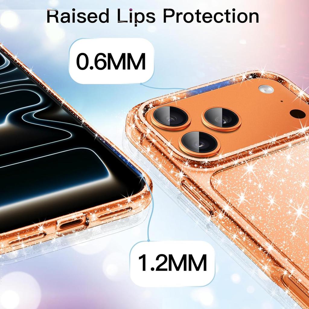 Orange Gold Glitter Case for iPhone 17 Pro Max Air 16E 16 E 15 Plus 14 13 Mini 12 11 X XS XR SE 2022 2020 7 8 Bling Sparkle Phone Cover Accessories
