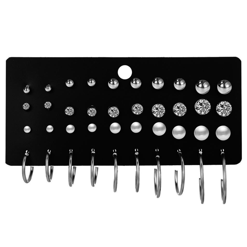Women Pearl Stud Earrings Set Geometric Crystal Small Earrings 20-30 Pairs Fashion Jewelry