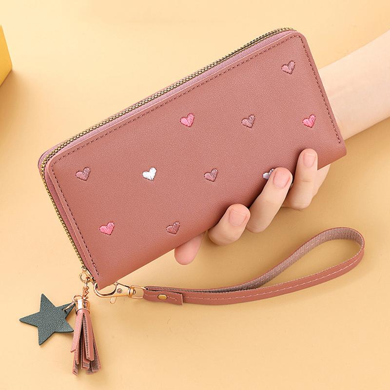 New Long Women Wallet With Heart-Shaped Korean Style Tassel Embroidery Card Holder For Women