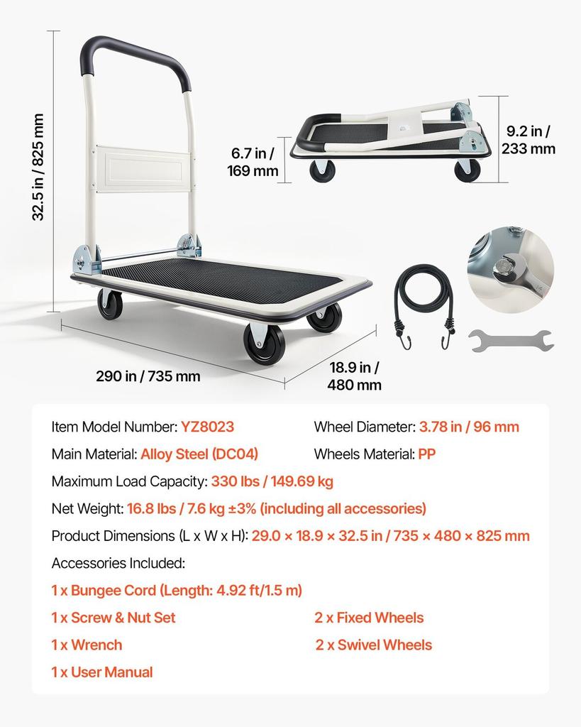 Foldable Push Cart Dolly, 149.69 Kg Capacity, Folding Platform Truck with Swivel Wheels, Moving Platform Hand Truck Flatbed Cart, Space Saving Push