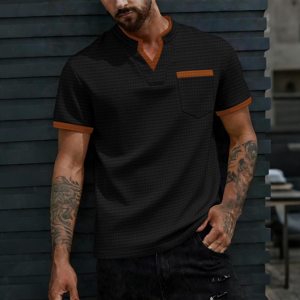 Men's Breathable Plaid V-Neck Short Sleeve Casual T-Shirt with Contrast and Versatile Pocket