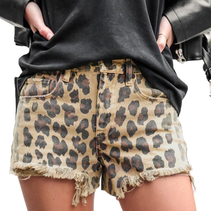 Pantaloncini Denim Estivi da Donna Nuovi Vintage con Stampa Leopardo, Strappi e Juta a Vita Alta
