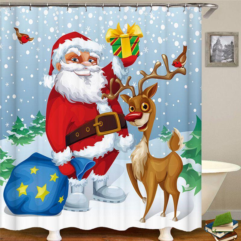 Christmas Shower Curtain With Hooks Durable Waterproof Bathroom Decor Santa Claus