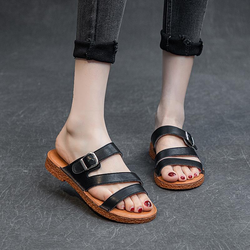 2025 New Summer Cowhide Flat Heel Soft Bottom Daily Casual Breathable One-word Buckle Lightweight Roman Slippers Women