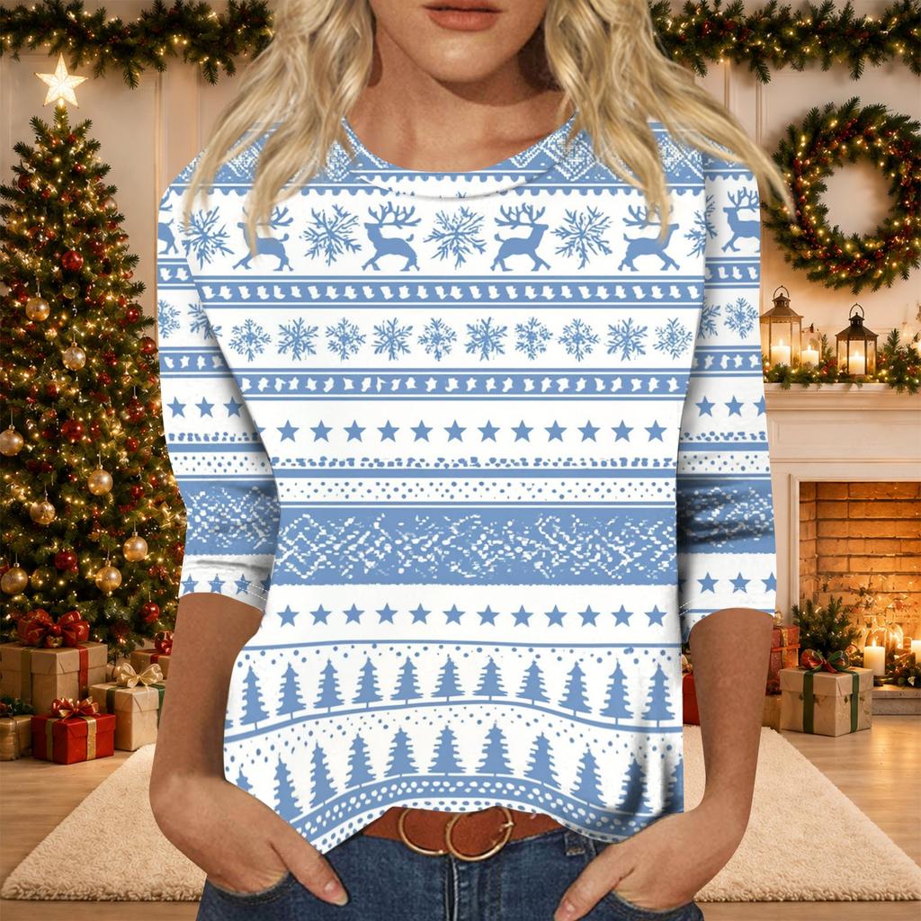 Women's Casual Christmas Print Three-Quarter Sleeve Neck Top
