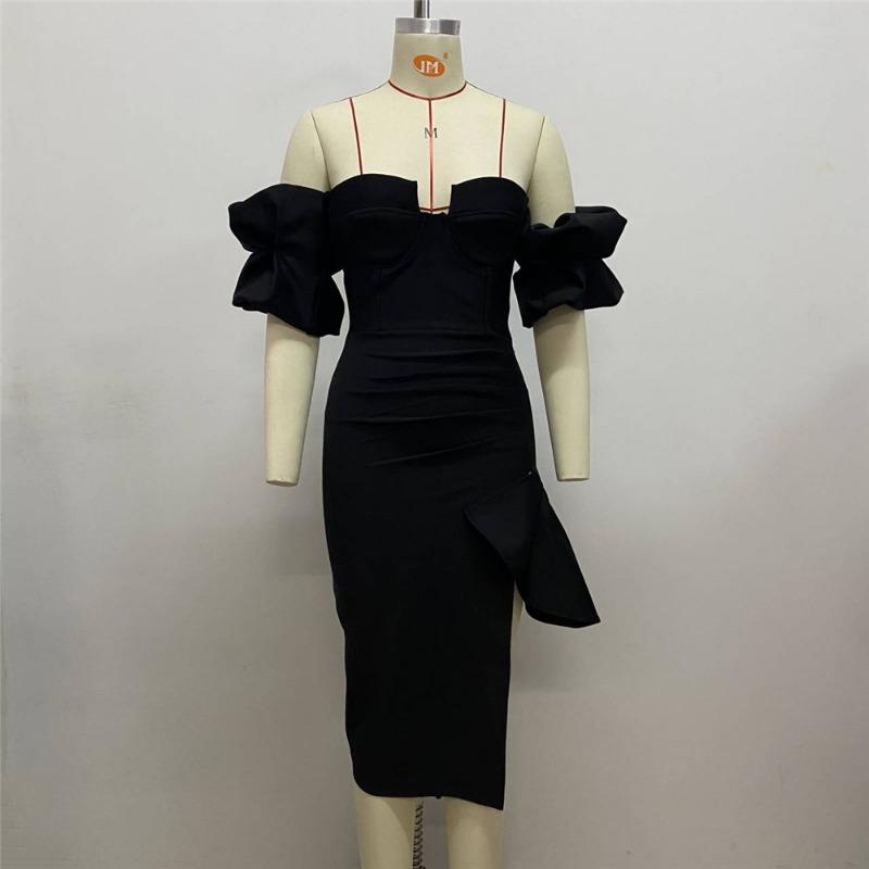 

High Shoulder Split Bubble Sleeve Bandage Dress Sexy Nightclub Party Banquet S чёрный