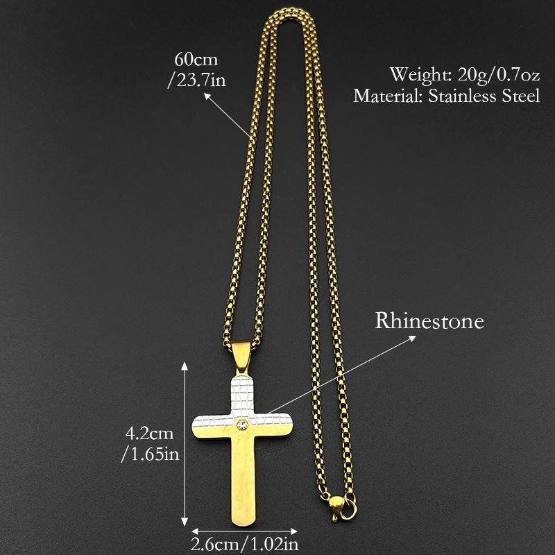 Texture Cross Pendant Necklace for Men Women Stainless Steel Gold Silver Color Christian Rhinestone Chain Amulet Jewelry Gift