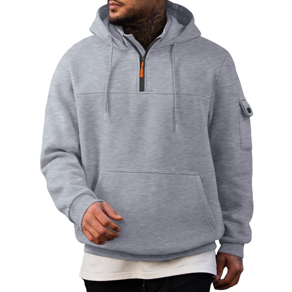 Men's Sweatshirt Hoodie Half Zipper Arm Pocket Cardigan Men's Sports Large Size Casual Hoodie