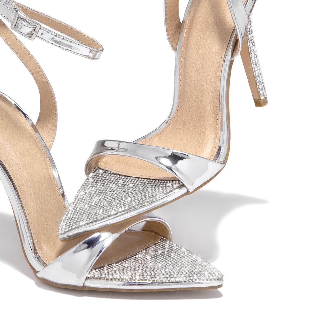 Fashion Plus 35-42 Crystal Pointed Toe Buckle Strap Women's Sandals Thin Heels Golden Female Party Stripper Shoes Womens Shoes