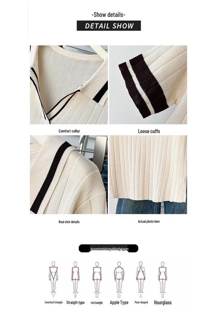 2026 Plus Size Women's Color Block Polo Collar Ice Silk Knit Short Sleeve Top