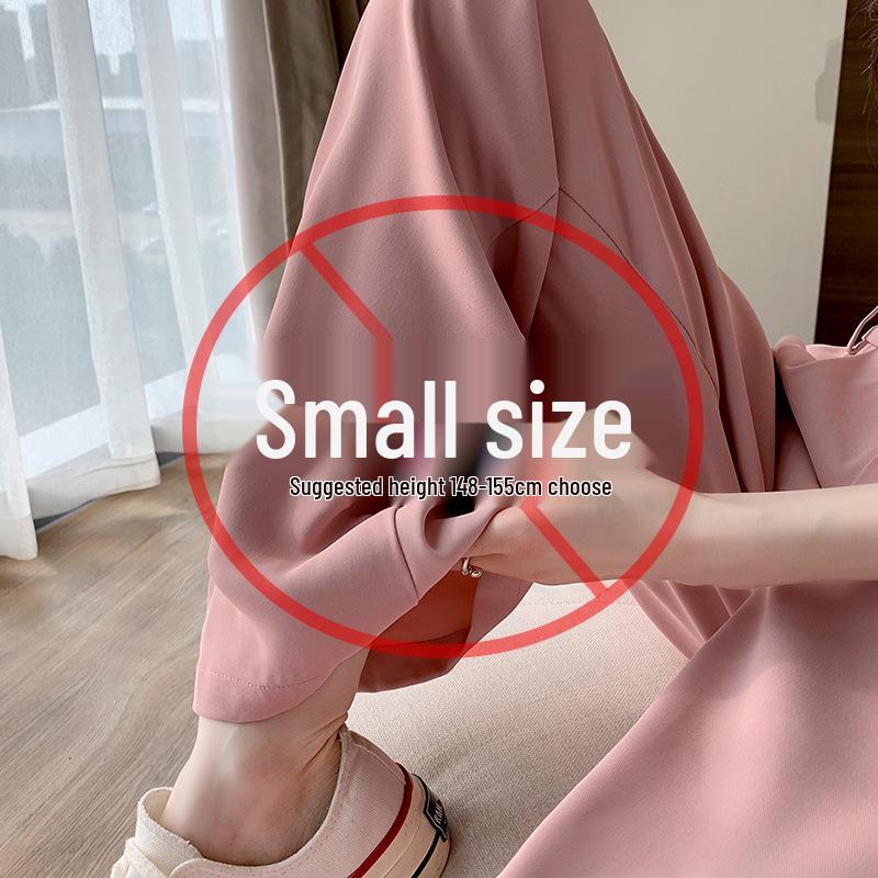 Women's 145cm Pink Ice Silk Wide-Leg High-Waist Pants - Petite, Summer, Thin, Straight Leg.