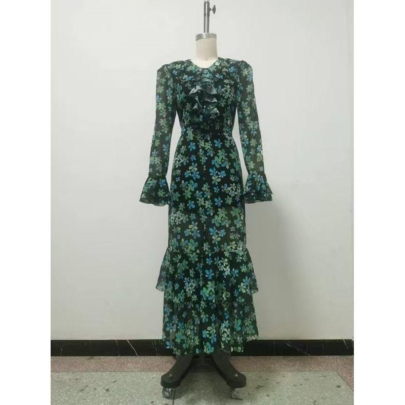 

New French style Print Dress Slim fit Slimming Temperament Elegant Long dress Printed Lace up Dress Flower color 2XL