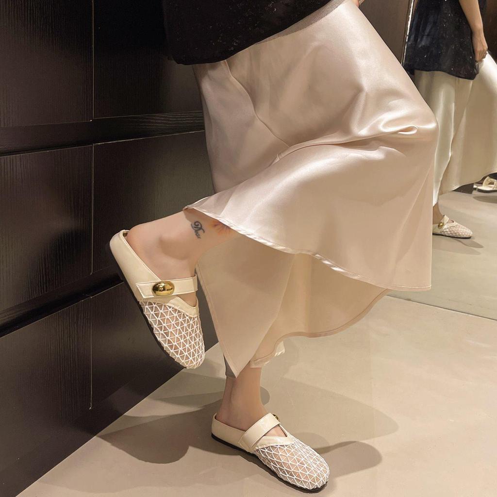Baotou Slippers, Half Slippers, Women'S Flat Bottom, One Pedal Of External Air, Penetrating Slippers In Summer, Mesh Soft Bottom