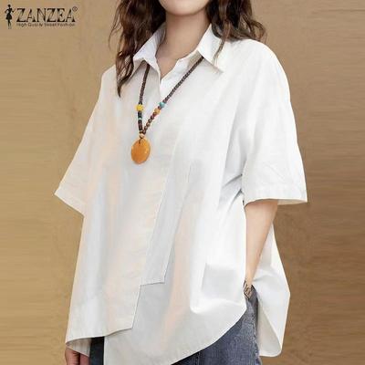 ZANZEA Women Summer Casual Shirt Collar Half Sleeve Loose Diagonal Button Solid Color Blouses