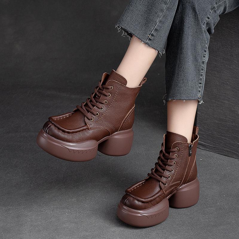 Fashion GKTINOO Women Motorcycle Boots Genuine Leather 2025 New Zip Thick Soled Women Shoes Sewing Handmade Retro Short Platform Boots