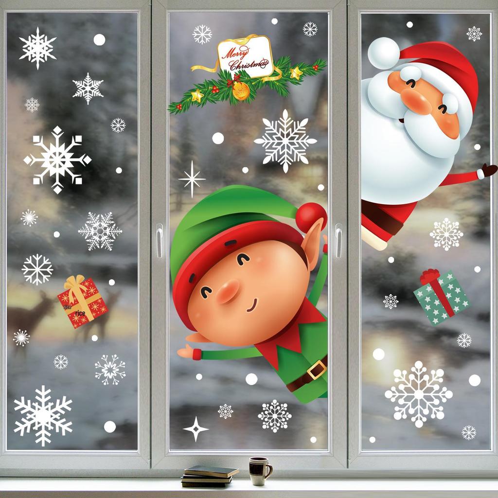 Christmas Cartoon Santa & Snowflake Window Stickers - Adhesive-Free Holiday Wall Decoration