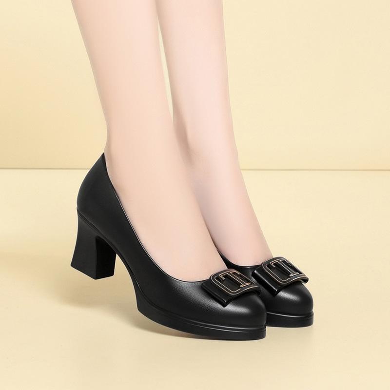 Black high heels women's spring summer new temperament shallow mouth catwalk shoes single shoes waterproof table leather shoes