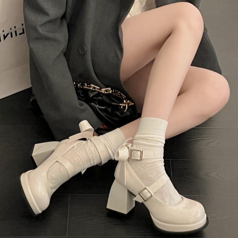 Fashion Women's Spring New Single Shoes Round Head Shallow Bow Thick Sole Anti-slip Wear High Heel Mary Jane Shoes