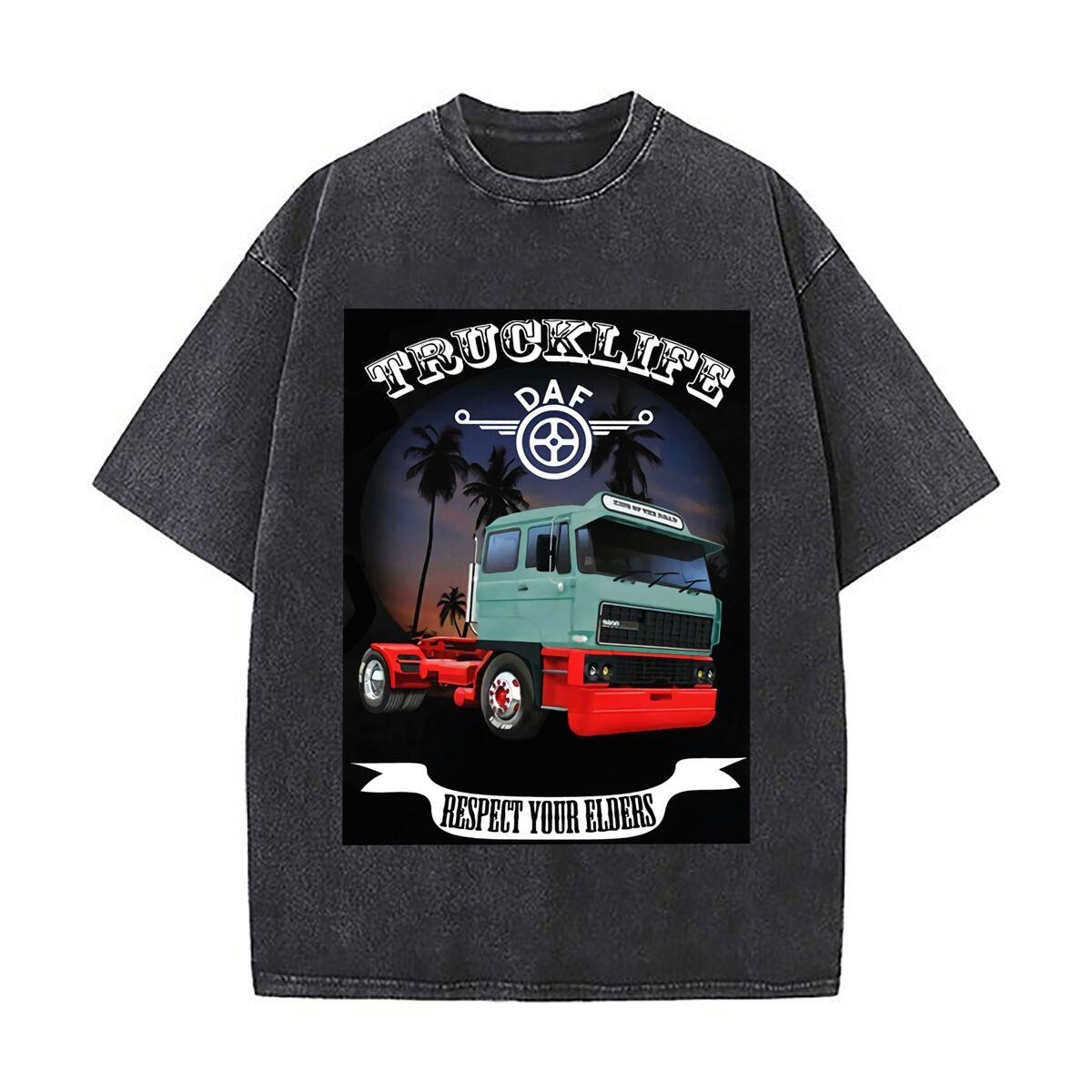 Truck Life Trucking Art Trendy Washed Distressed Solid Short Sleeve Vintage Street Top S