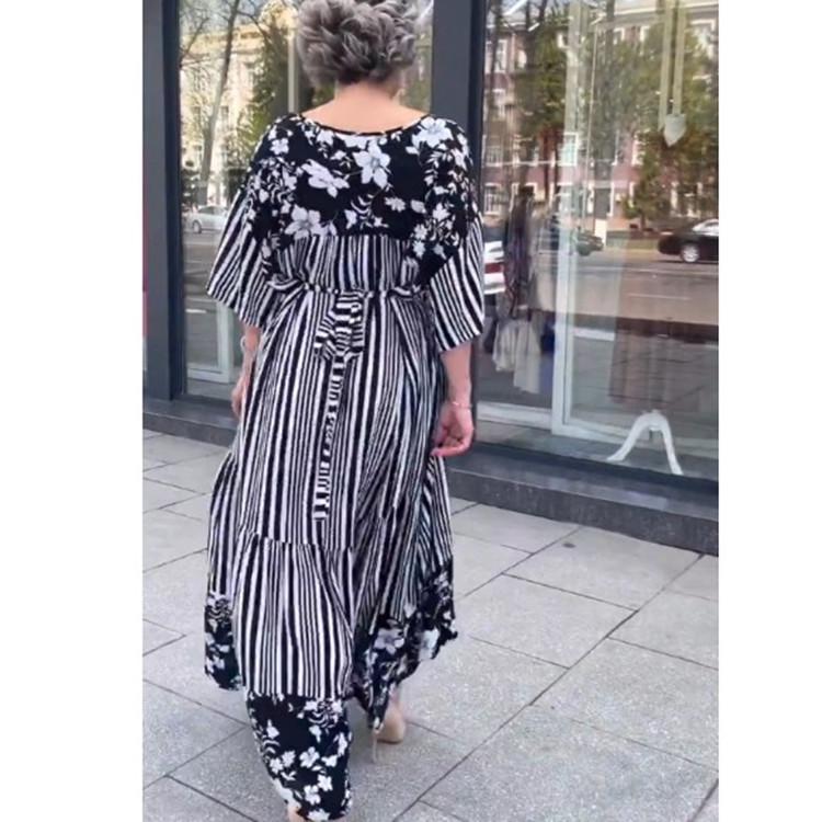 2023 Summer Floral Women's Long Dress with Waist Cinch, Round Neck, and Half-Sleeves - European and American Style