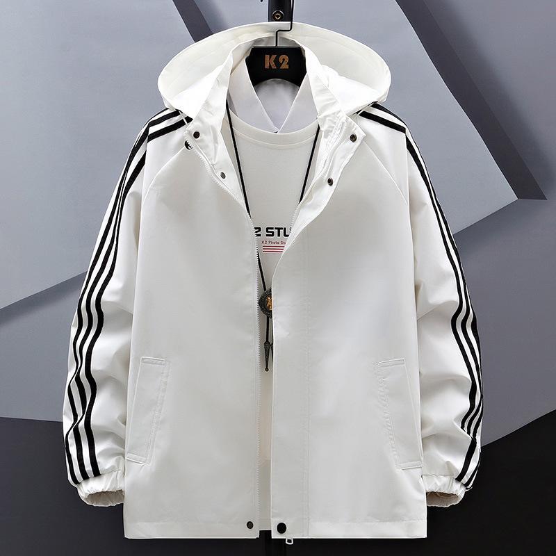 Men's Three-Stripe Hooded Windbreaker Jacket - Trendy High Street Casual Fashion for Spring and Autumn.