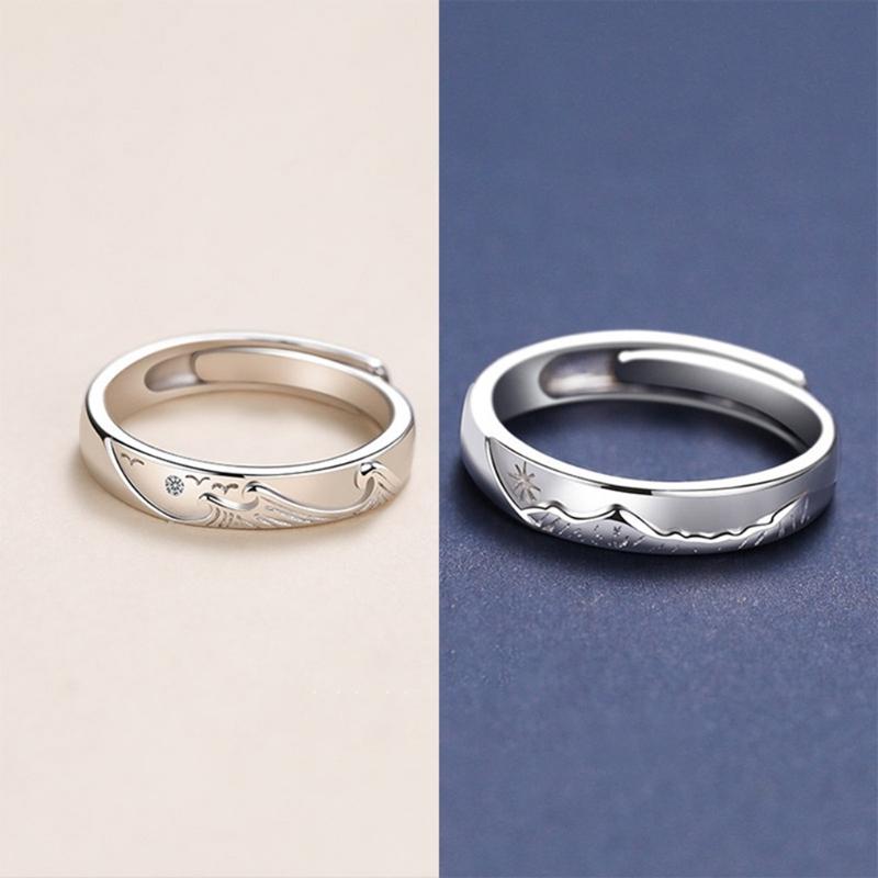 Matching Rings Mountain Sea Promise Band Rings Open Ring Adjustable Lovers Ring Set for Him Her Girlfriend Boyfriend