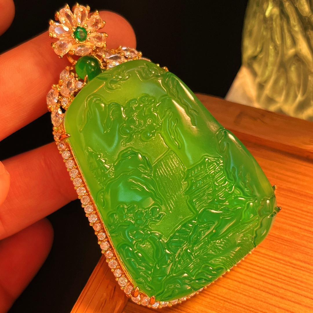 Full Green Yang Green Natural Agate Green Chalcedony Pendant Female Micro-Inlaid, Real Shot Fidelity