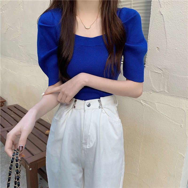 Bubble Sleeve French Square Neck Knitted Sweater for Women Spring and Summer Retro Slim Fit Half Sleeved White Short Sleeved Base Top