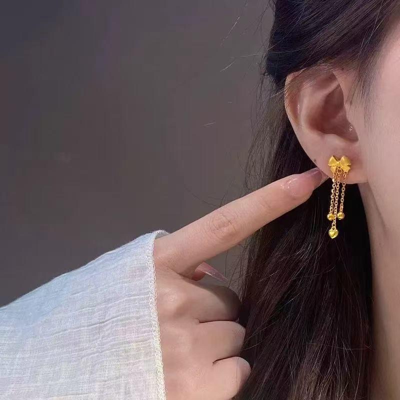 Gold Bow Tassel Heart Drop Earrings for Women - Exquisite, Simple, and Luxurious Design